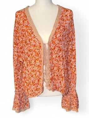 Floral Tie-Front Cardigan in Orange and Cream